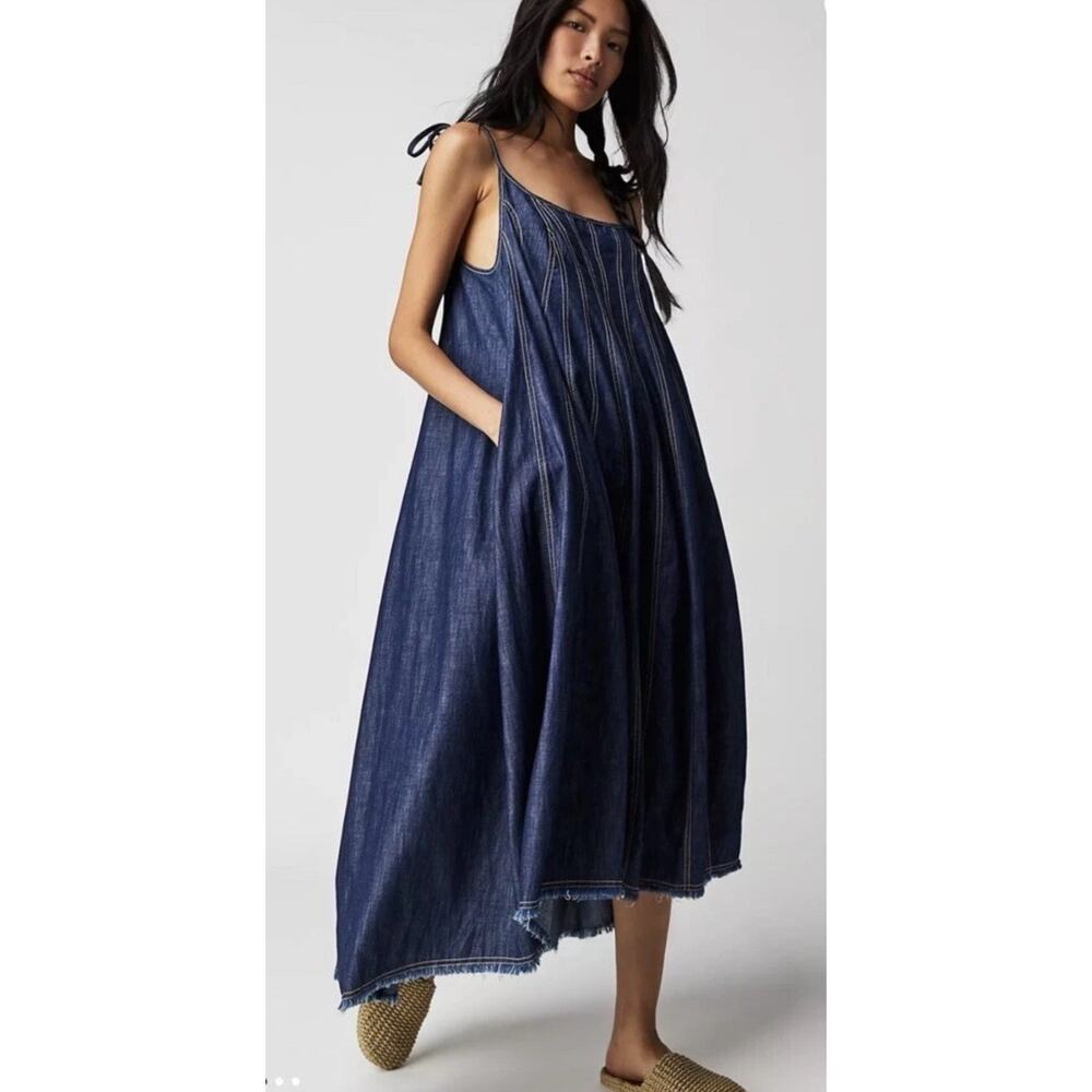 FREE PEOPLE Denim Dream Dark Wash Tie Shoulder 70's Boho Midi Maxi Dress XS